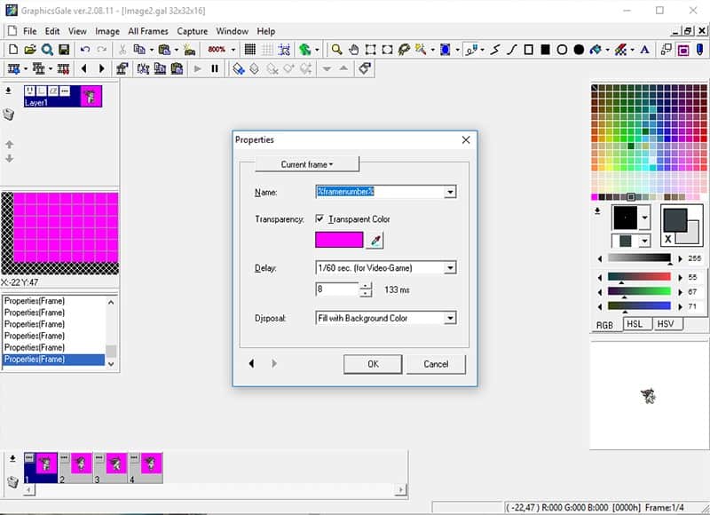 Frame Properties Panel with the Transparent Color option checked and bright pink colour selected 