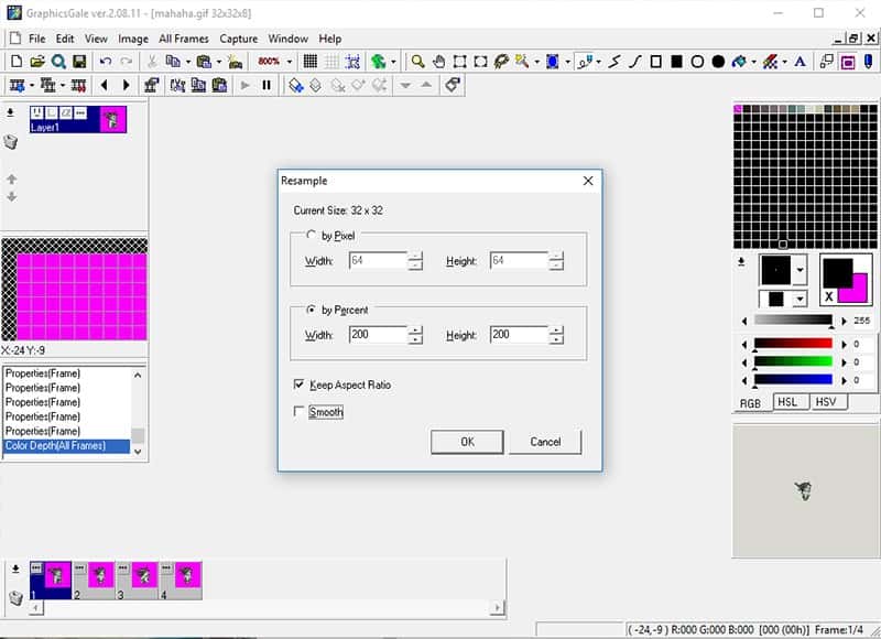 Resample panel with by Percent selected at 200 for height and width, Keep Aspect Ratio option checked and Smooth option unchecked.