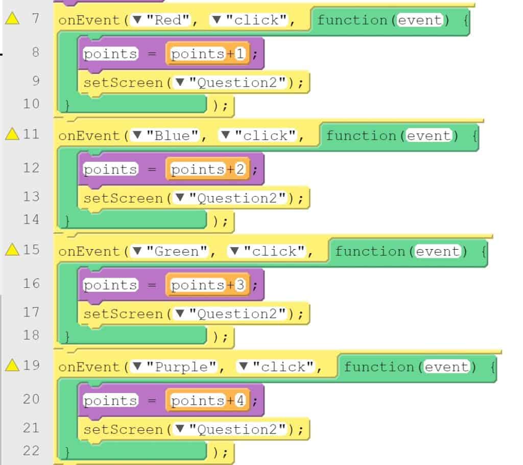 Four different event loops with different point values. The variables are represented by purple blocks and the math operators are represented by orange blocks.