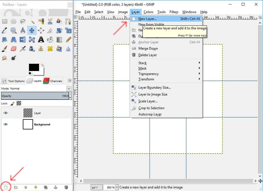 GIMP screenshot of how to add a new layer.