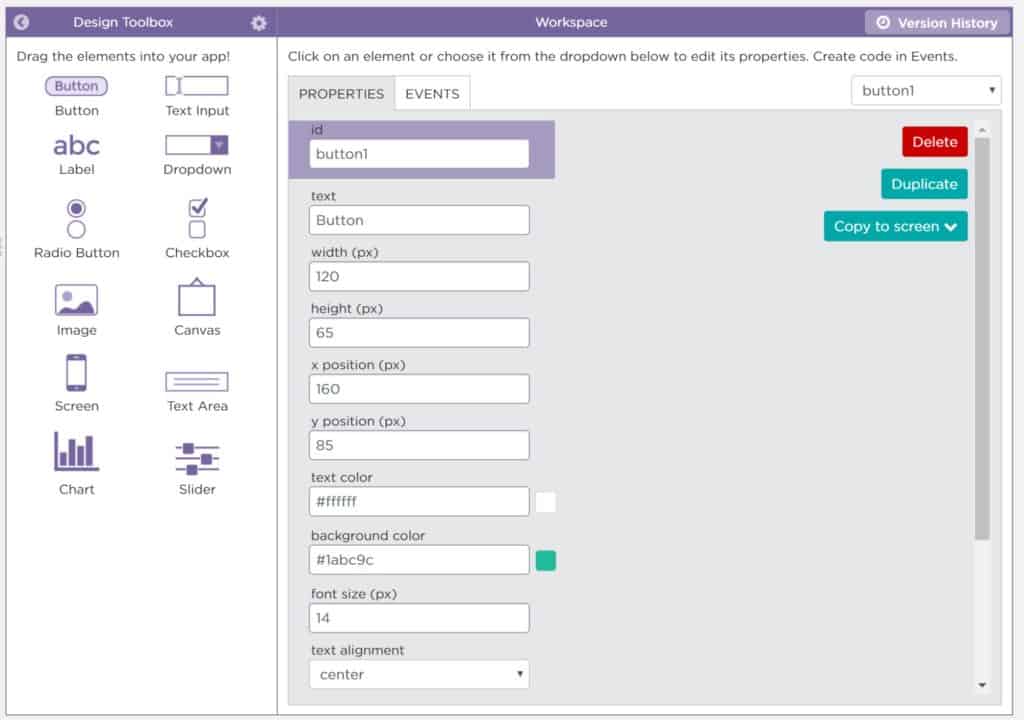 The Toolbox and Workspace sections in App Lab. The left side displays twelve different app elements. The right side displays the properties of the selected item including text, width, height and position.