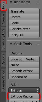 The extrude region tool in Blender.