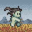 An animated sprite with character, ground, and mountain moving while the sky is still.