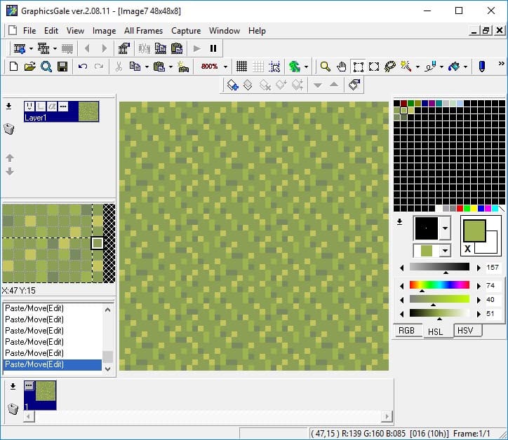 The 16x16 tile copied and repeated throughout the 48x48 canvas to  test if the tile is seamless.
