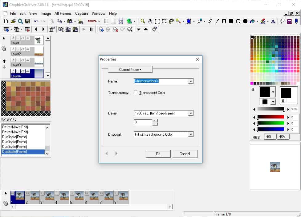 Frames Properties panel opened and project now containing 8 frames.