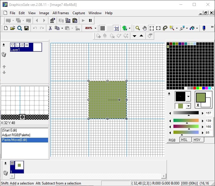 16x16 area selected in the middle of the canvas and filled with green to create the seamless grass tile.