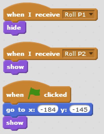 Scratch code blocks that shows and hides the roll buttons. The position of the button is set to a specific location when the green flag is clicked.