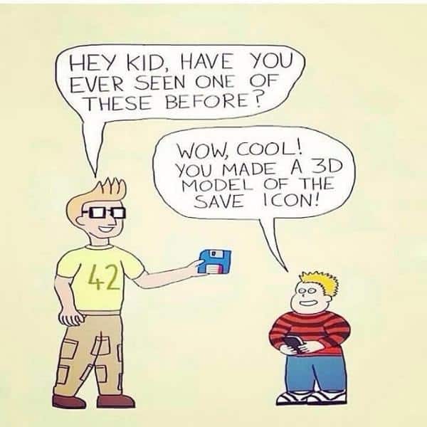 A comic illustration about the floppy disc and save icon.