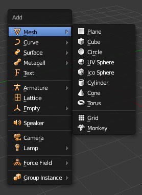 The mesh menu in Blender.