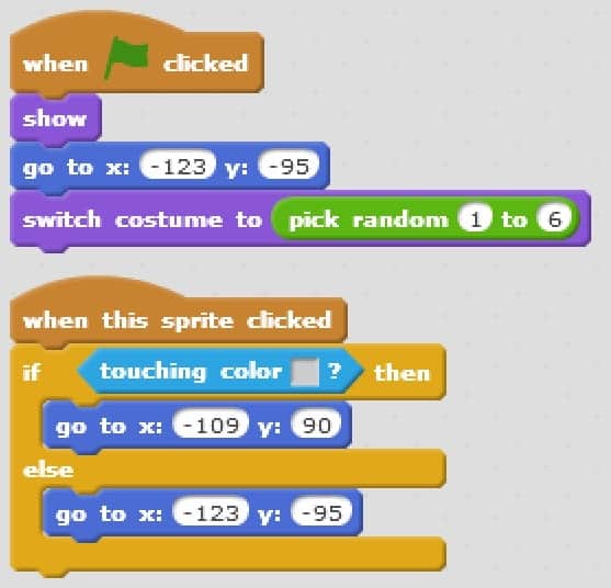 An image showing Scratch code blocks that shows the dice when the flag is clicked, sets the start location and chooses a random face value. If the dice is touching our background colour when it is clicked, it will go to the holding area. If our sprite is clicked while in the holding area, it will move back to the starting location.