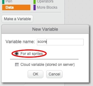 Creating a new variable for all sprites in Scratch.