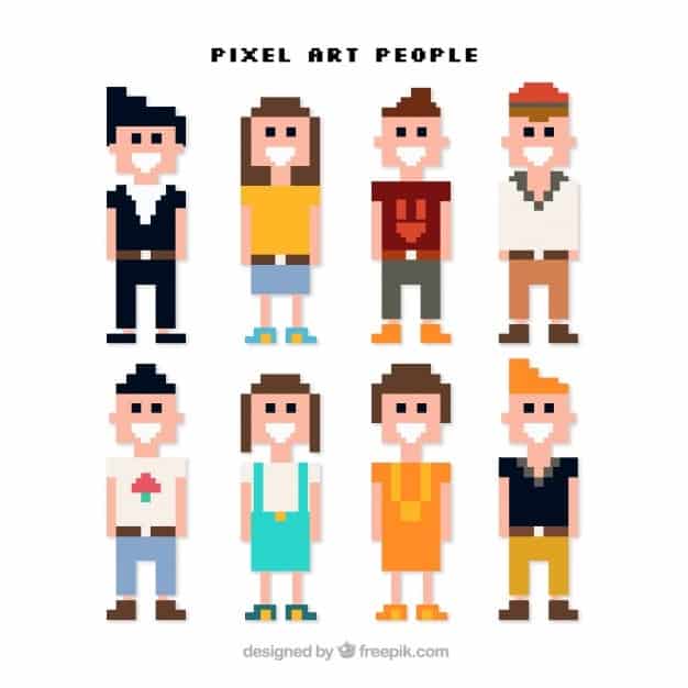 Multiple pixel art people.