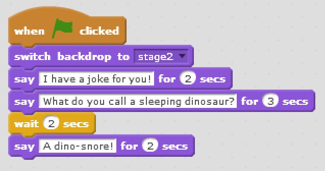 Scratch code blocks used to tell a joke using say and wait blocks.