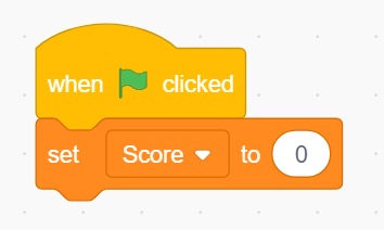 A group of Scratch blocks that set the score to 0 when the green flag is clicked.