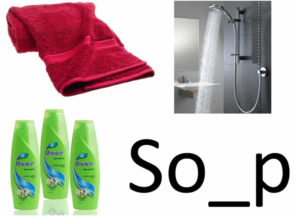 Three bathroom items (towel, shower head, and shampoo) accompanied by the characters S O _ P.