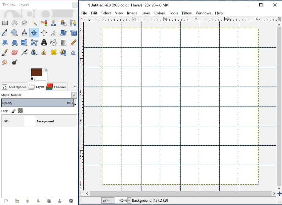 GIMP screenshot of new 128 x 128 px canvas.