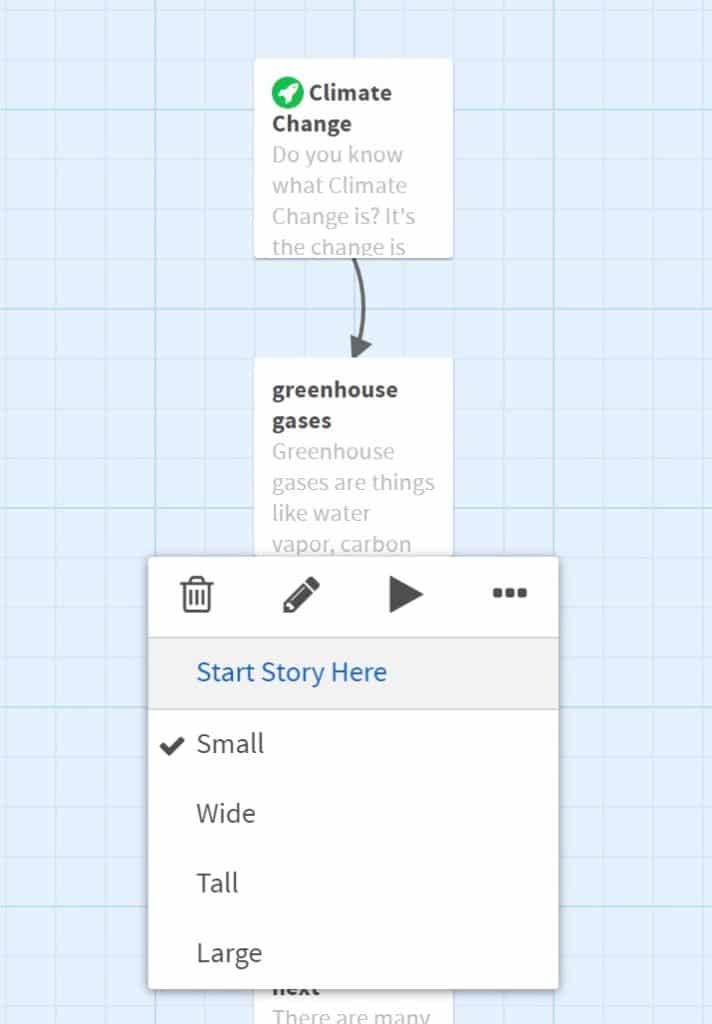 Changing where the story starts in Twine. There is a menu that displays delete, edit, play and ellipsis. Below the main menu is a drop down menu where the story can be set to start and the size can be adjusted.