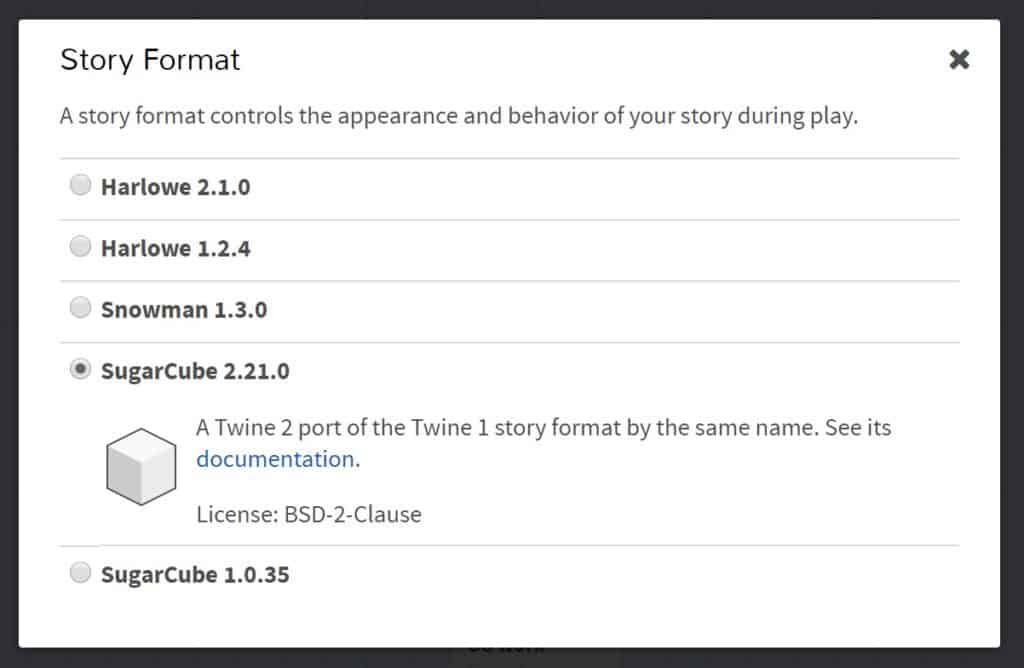 Story Format selection menu in Twine. There are five formats to select from and SugarCube 2.21.0 selected.