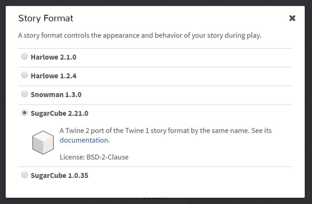 List of five Story Format available with the format SugarCube 2.21.0 selected.