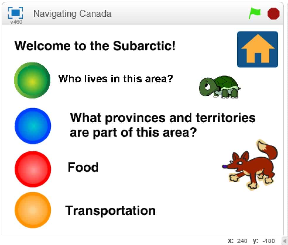 Navigating Canada game listing various questions about the subarctic.