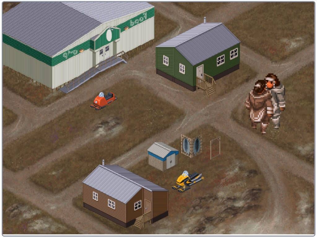 Pixel art of a community with throat singers.