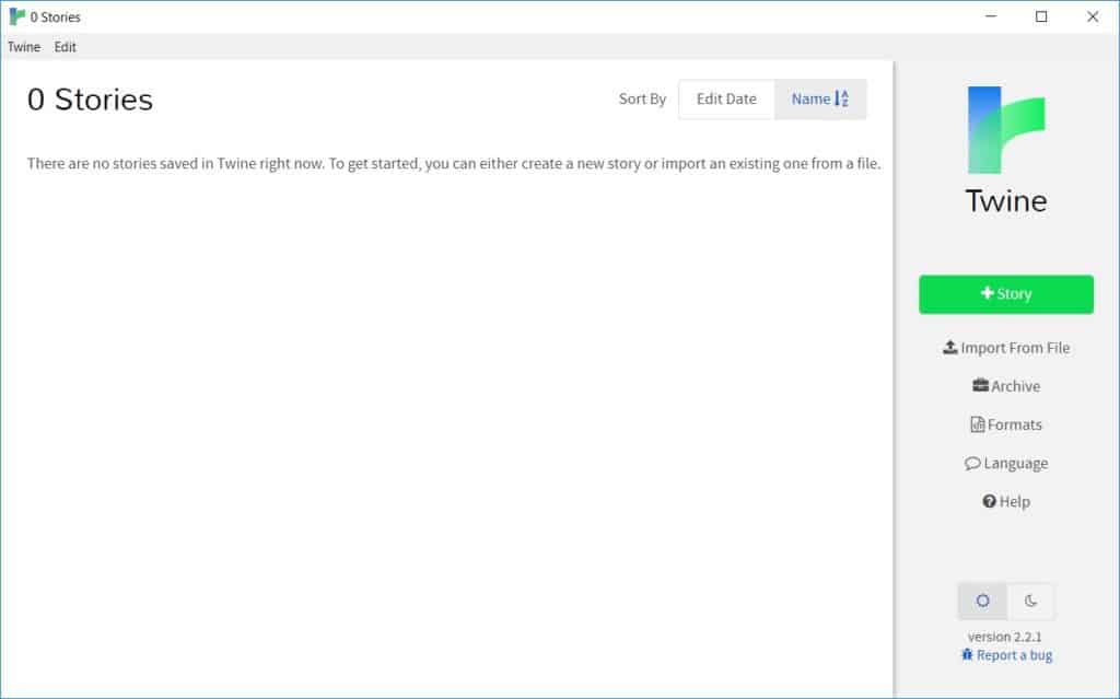 The Twine software showing there are currently no stories. 