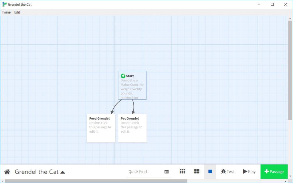 The Twine Play window showing a paragraph of text and two choices. 