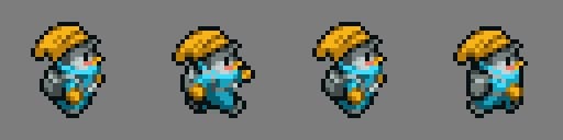 Quatre images d'un sprite de personnage utilisé pour créer un cycle de marche