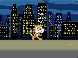 The scratch cat is walking along the backdrop that is a highway. The goal is to create a transition from that backdrop to a black backdrop.