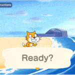 The scratch cat sitting on a beach with a speech bubble that displays "ready?"