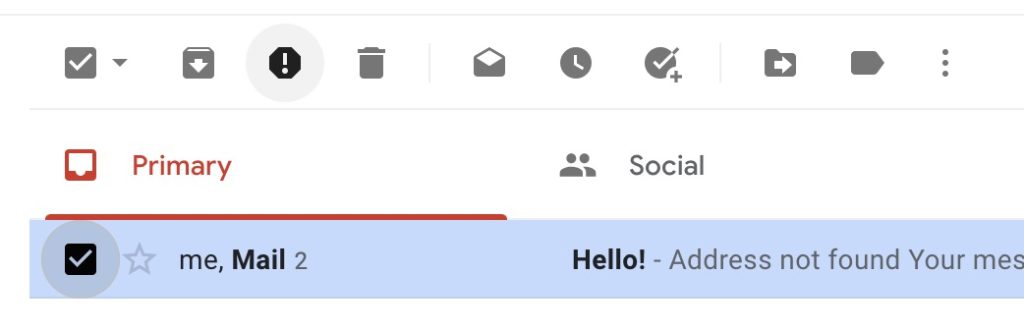 The view of a google inbox, only one email is showing and it is highlighted and ticked off on the left hand side. Above it is an explanation point inside of a hexagon. This is the symbol for spam emails.