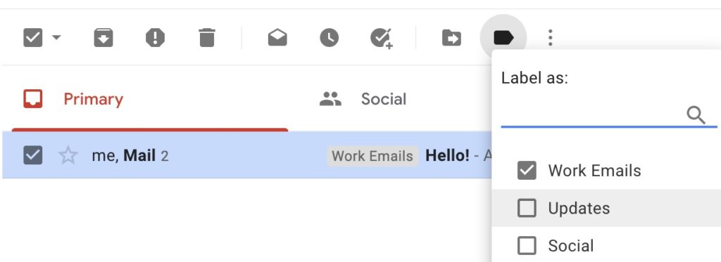 The view of a google inbox, only one email is showing and it is highlighted and ticked off on the left hand side. This time an arrow is highlighted along the top, it brings down a menu where you can label your emails.