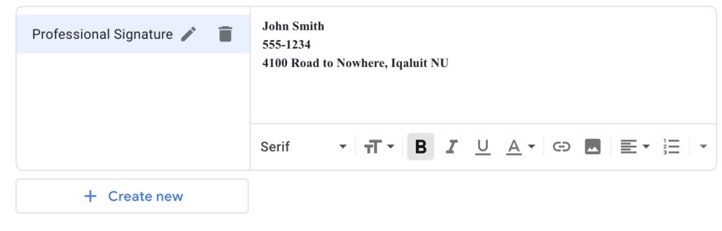 Professional signature displays along the right side, along the left side it reads “John Smith, 555-1234, 4100 Road to Nowhere, Iqaluit NU”.