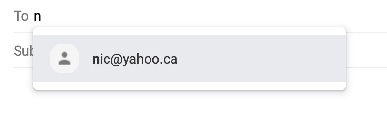 Within the new message window you have two fields. These read “To” with a drop down that reads nic@yahhoo.ca, and below it reads subject