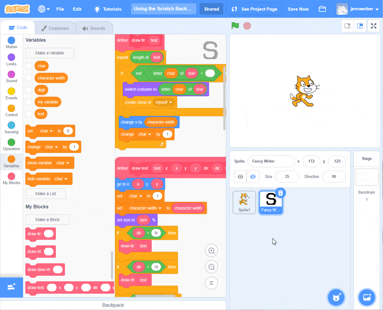 Example of Scratch code to teach the alphabet.