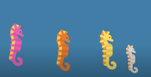 Animated seahorses on a dark blue background.
