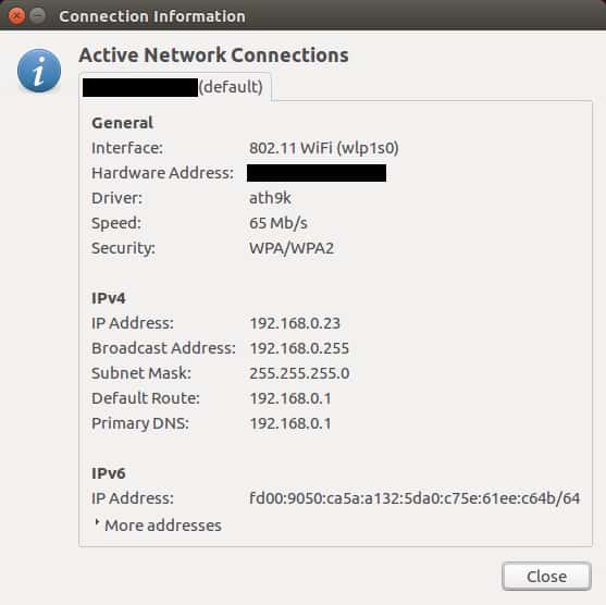 A screenshot displaying the connection information of a laptop using the Ubuntu operating system