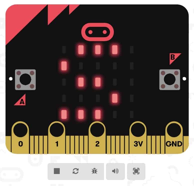 Micro:Bit with LED lights lit up in the shape of a letter ‘S’