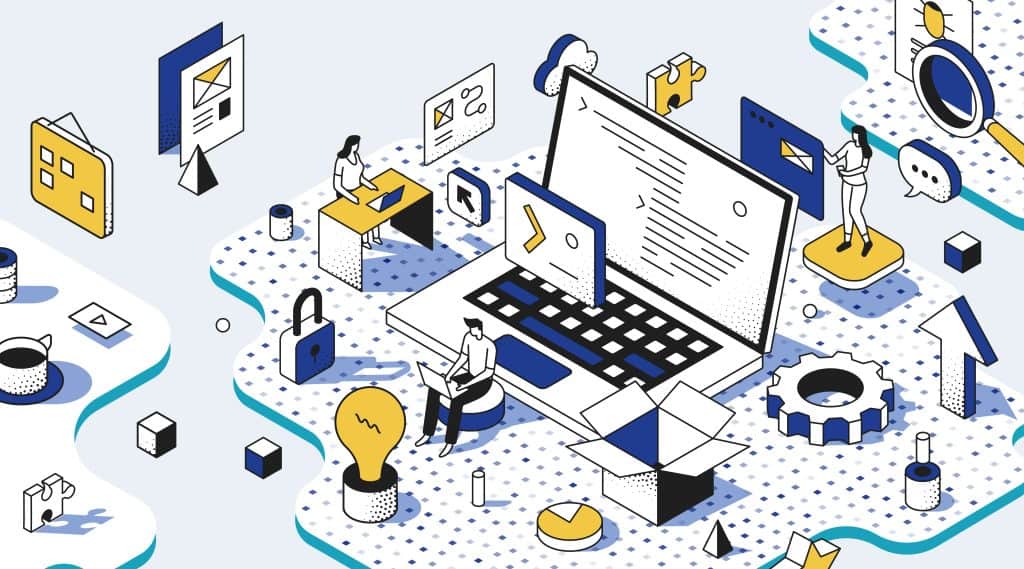 Isometric vector illustration depicting computer development and community