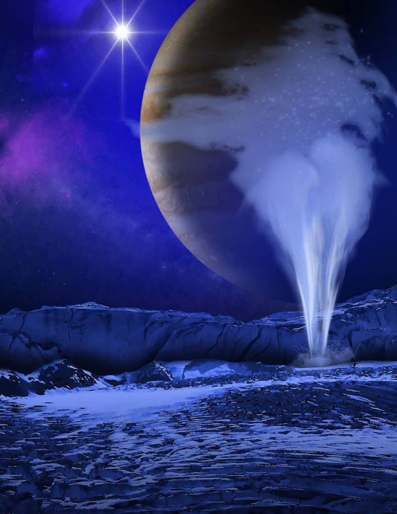 Jovian moon Europa ejecting a steam plume off its surface