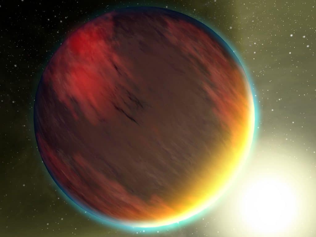 An artist’s rendition of a planet, similar to Jupiter, with an orbital path very close to a nearby star