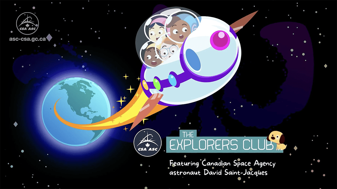 Kids' illustration of space explorers blasting off in a spaceship from Earth, with a starry sky background