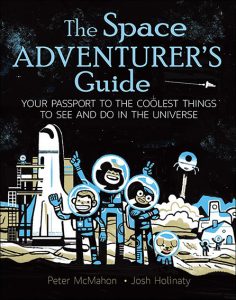 The Space Adventurer's Guide book cover with people in spacesuits standing in front of spacecraft on the moon