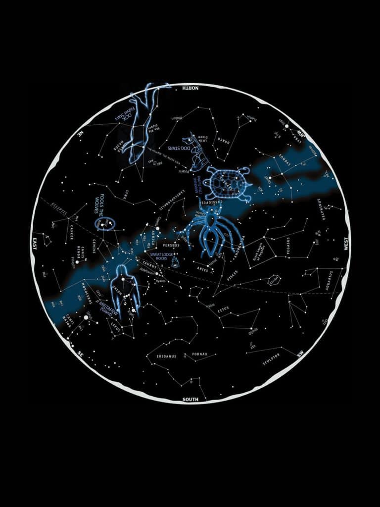 An artist’s conception of several constellations in Acak Sipi (the Milky Way), including Kokominakasis (Grandmother Spider, the net-maker)