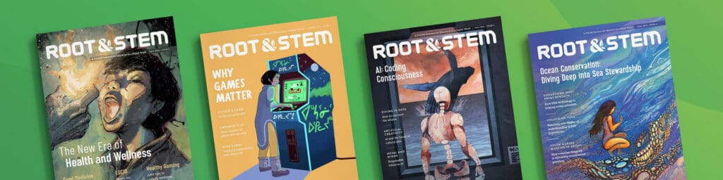 Cover art from four issues of Root & STEM magazine.