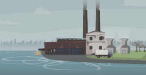An animation of a boat dropping oil into the lake.