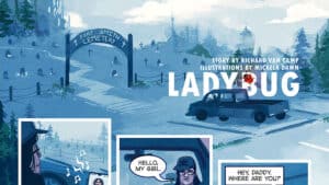Ladybug comic showing a car driving into the entryway of a cemetery