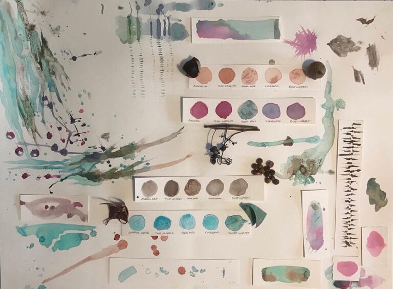 A spread of swatches of different coloured plant inks; some swatches are in the shape of circles, and others are paint splatters.