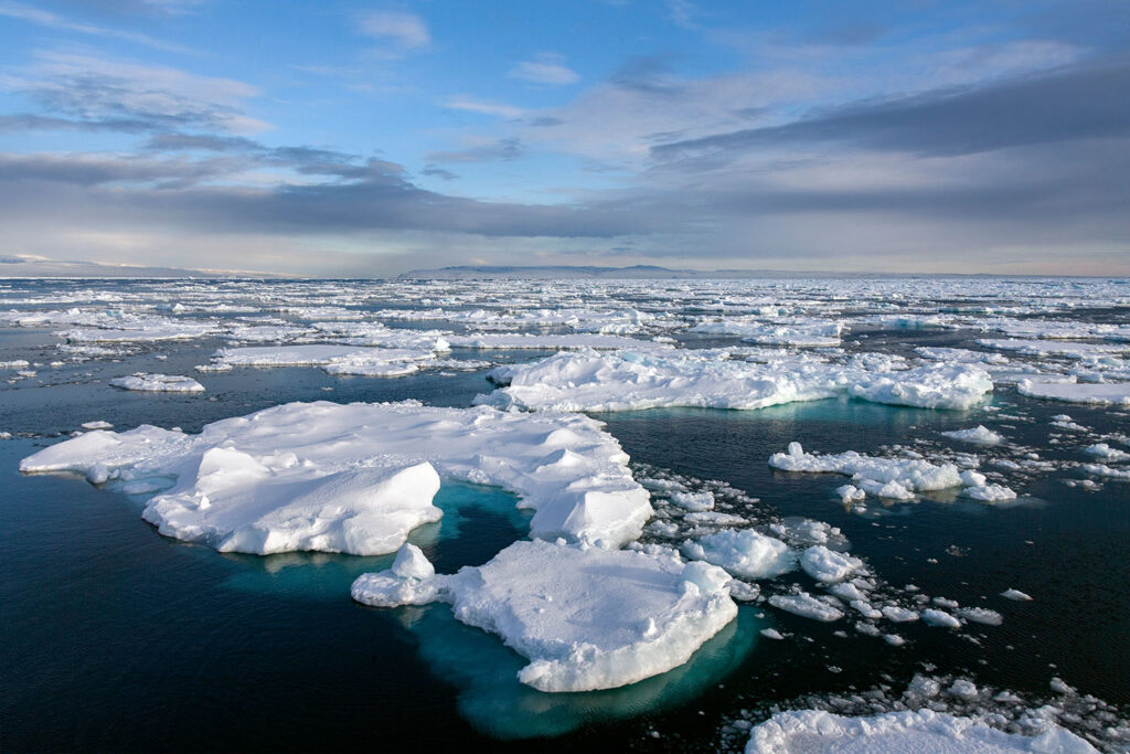 A scenery of Arctic sea ice, separated in chunks on dark, teal water underneath a bright blue sky.