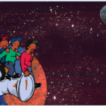 The stage with a starry sky backdrop, and the moon, earth, and kids on rocket sprite. The earth and kids on rocket sprites are in the lower left corner, and the moon sprite is in the upper right corner. The moon sprite is much smaller than the earth sprite.